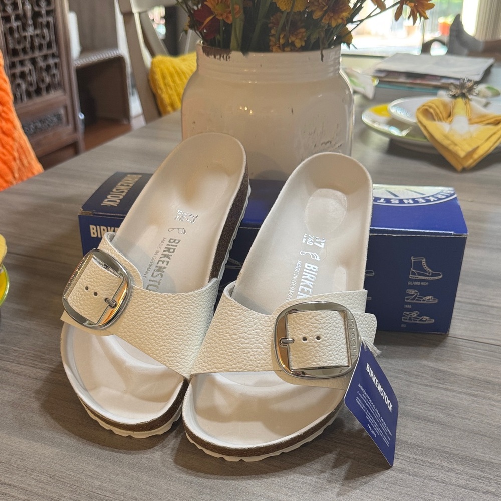 Birkenstock white Slide Sandals with Silver Buckle